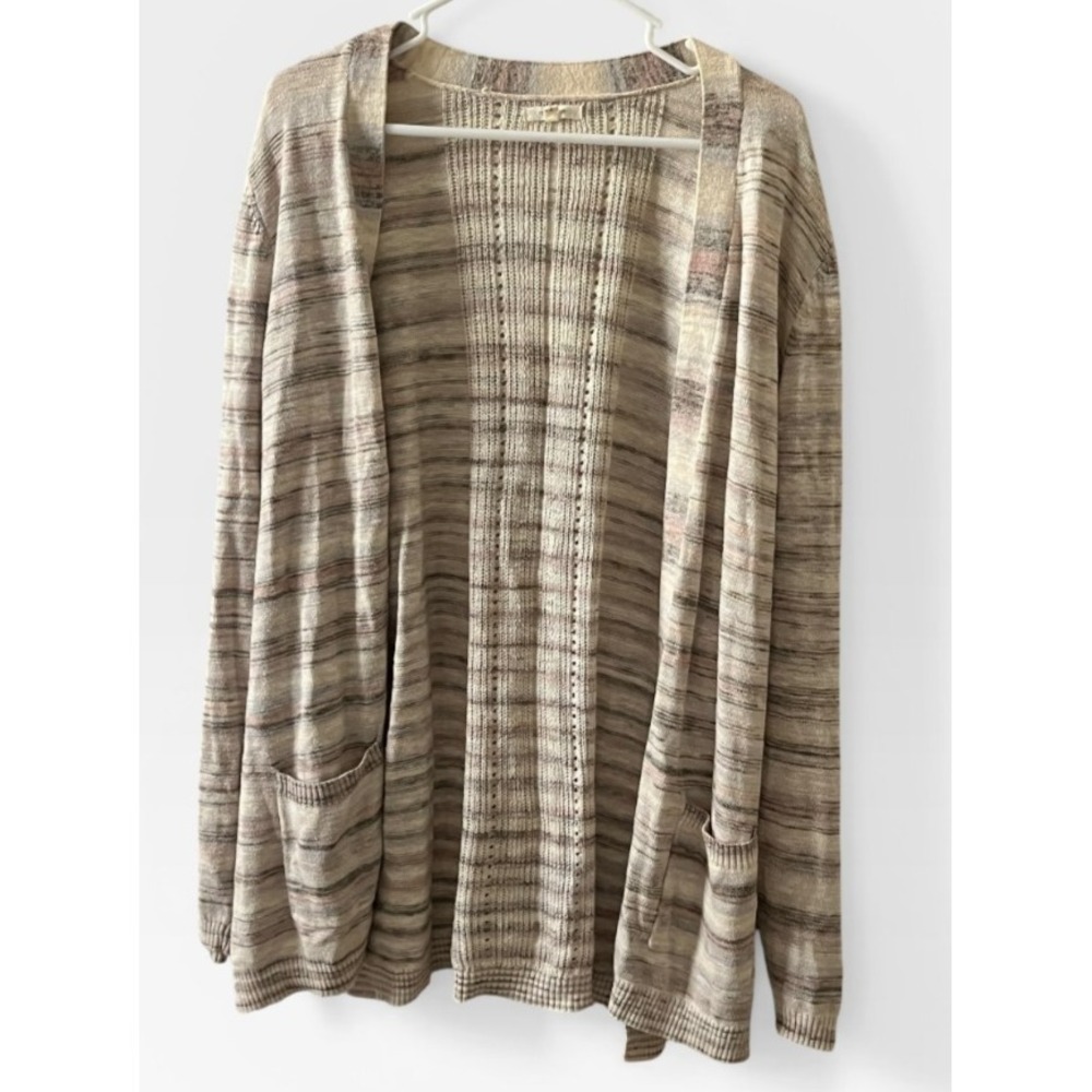 Maurices Womens Open Front Cardigan Beige Gray Striped Space Dye Knit Size 2‎